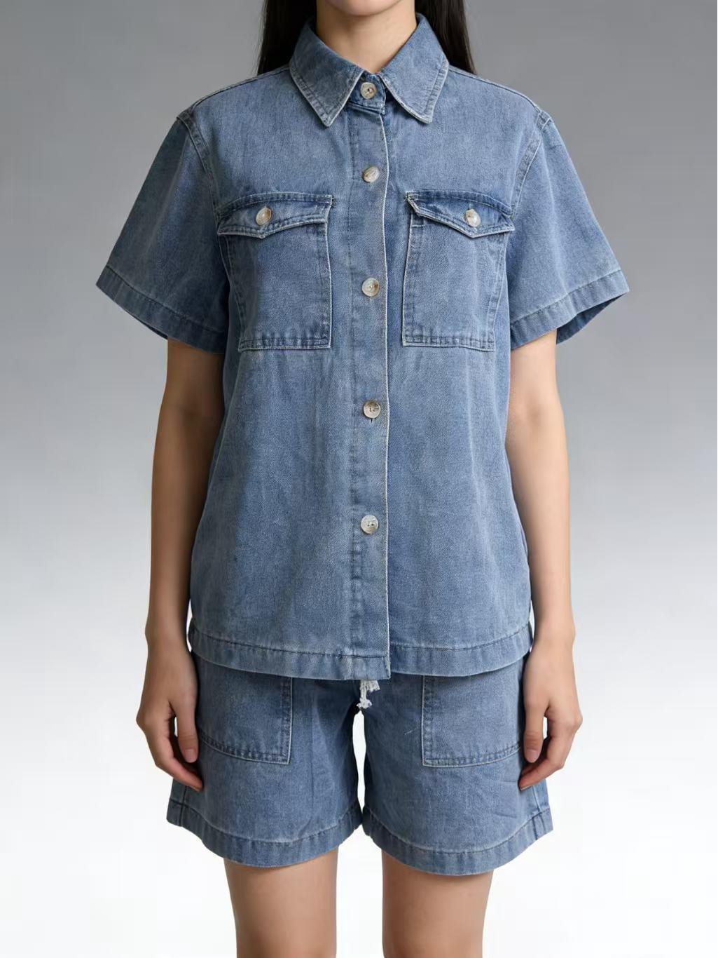 

European Retro Casual Women s Denim Suit with Lapel and Elastic Waist Medium світло-синій колір
