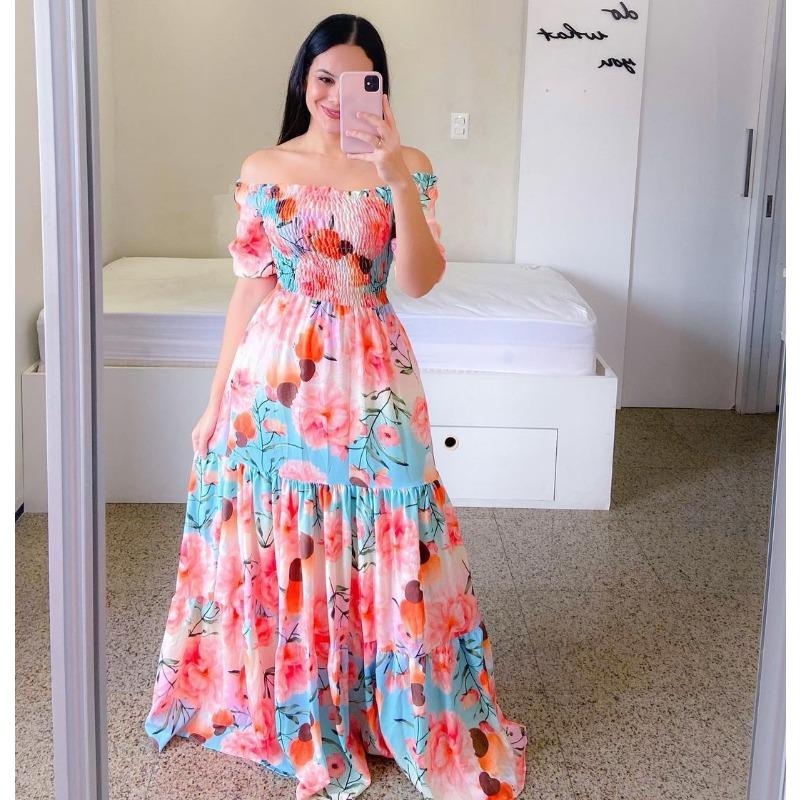 New spring and summer women's dress one-word shoulder floral fashion off-the-shoulder long printed dress