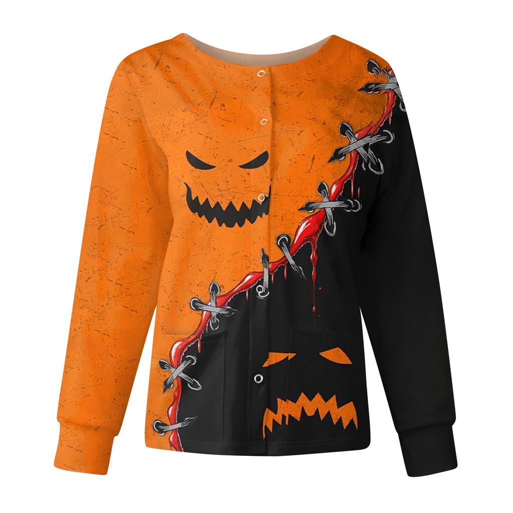 Women's Casual Fashion Long Sleeve Standing Collar Single Breasted Halloween Print Workwear Jacket Tops