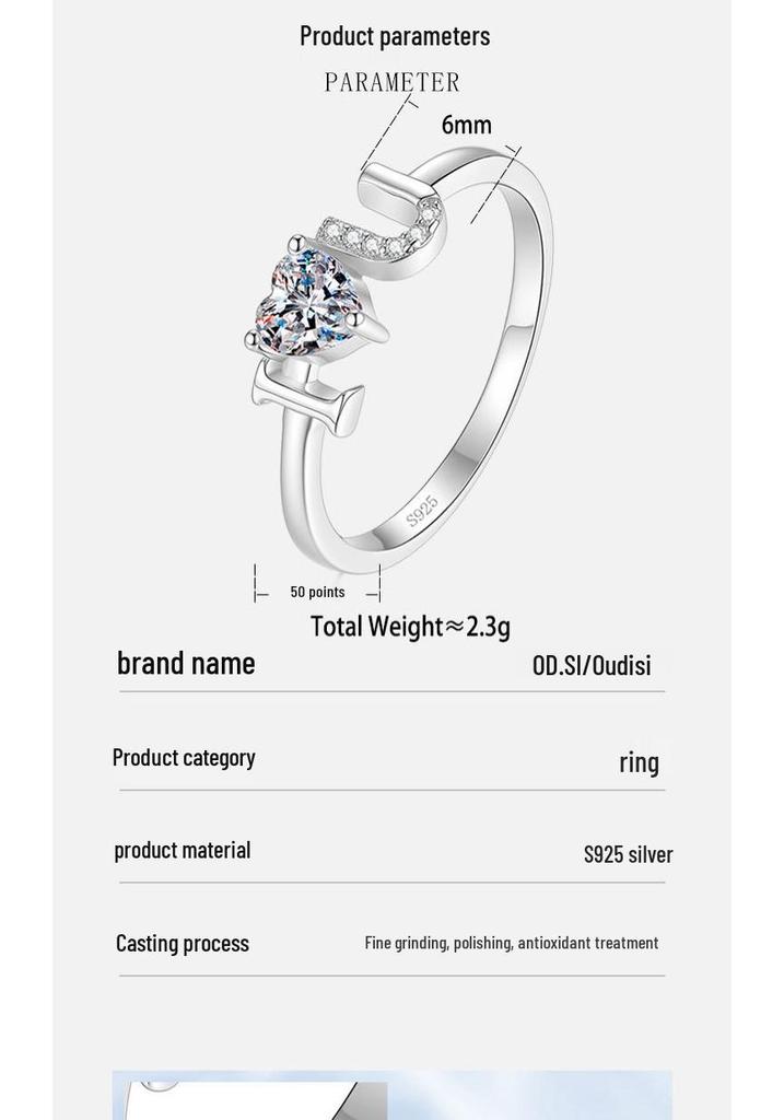 S925 Sterling Silver Heart Letter Adjustable Women's Ring
