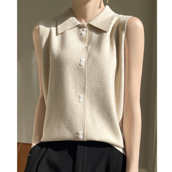 Women's Wool Knit Lapel Collar Sleeveless Base Layer Vest