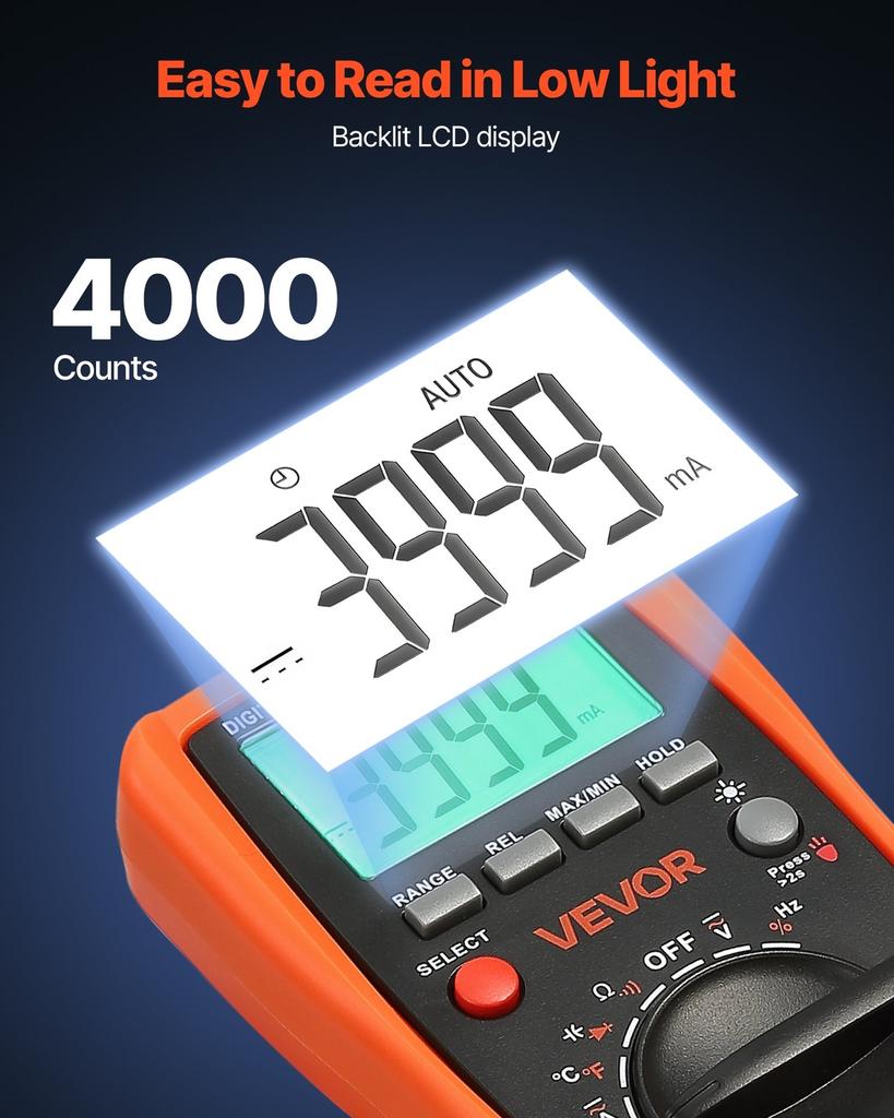 Digital Multimeter, 4000-Count TRMS DC/AC Voltmeter Current Tester, Auto-Ranging Multimeter for Current Voltage Resistance Capacitance Temperature