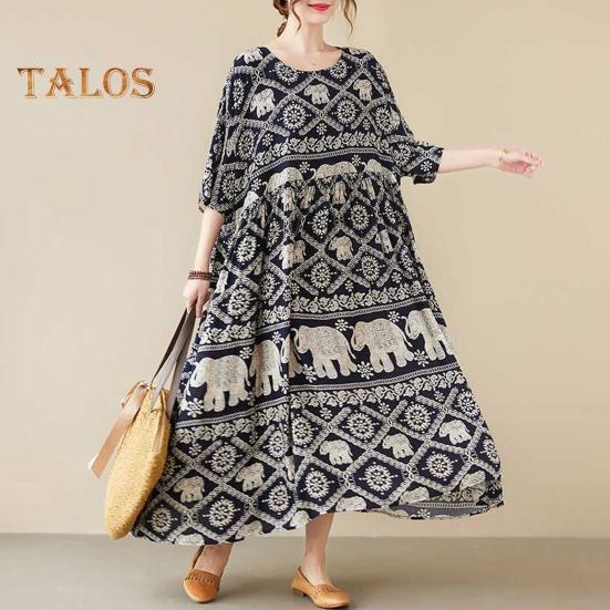 Boho Elephant Floral Print Maxi Dress for Women Oversized Cotton Linen Long Dress Casual Short Sleeve Beach Sundress