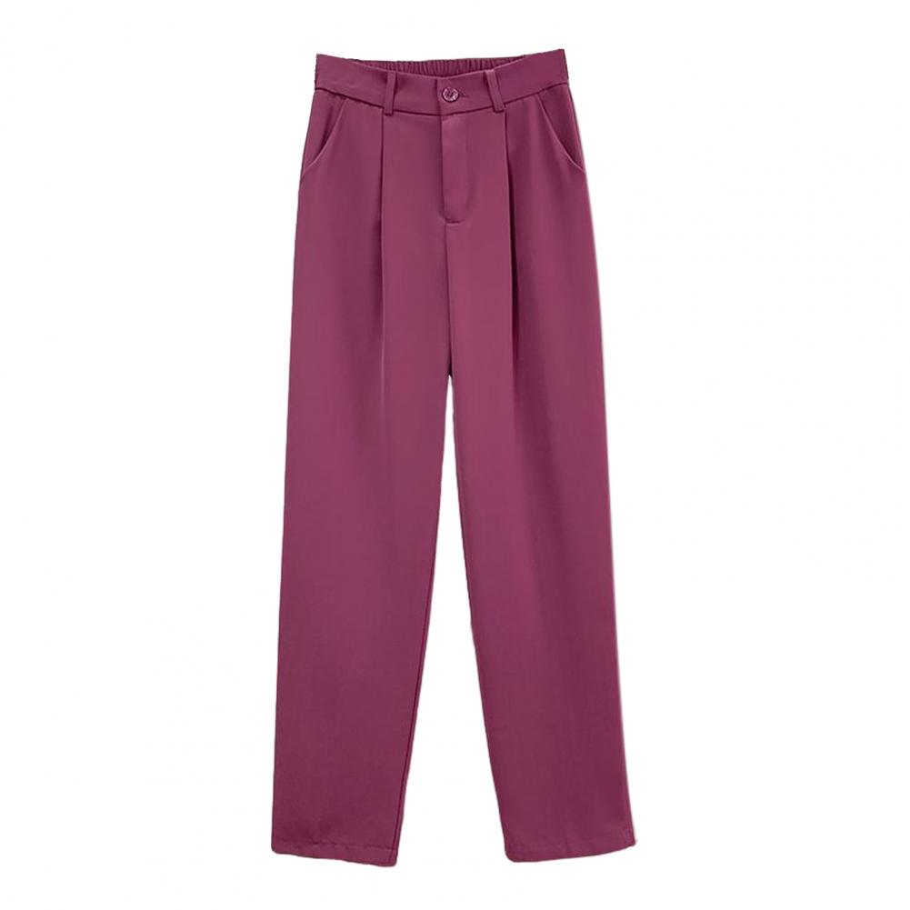 Women Pants Straight Wide Leg Long Suit Pants with Pockets Elastic Waistband Button Zipper Fly Ice Silk Suit Trousers
