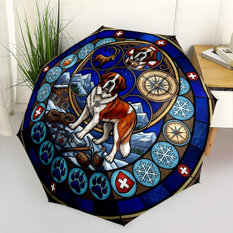 Mountain Rescue Saint Bernard pattern umbrella, portable and foldable design, 8 ribs, a casual accessory for Halloween, Christmas, and birthday gifts.