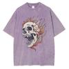 Men's Flame Skull Printed T-shirt Thick Cotton Washed T-shirt,Large Retro Top