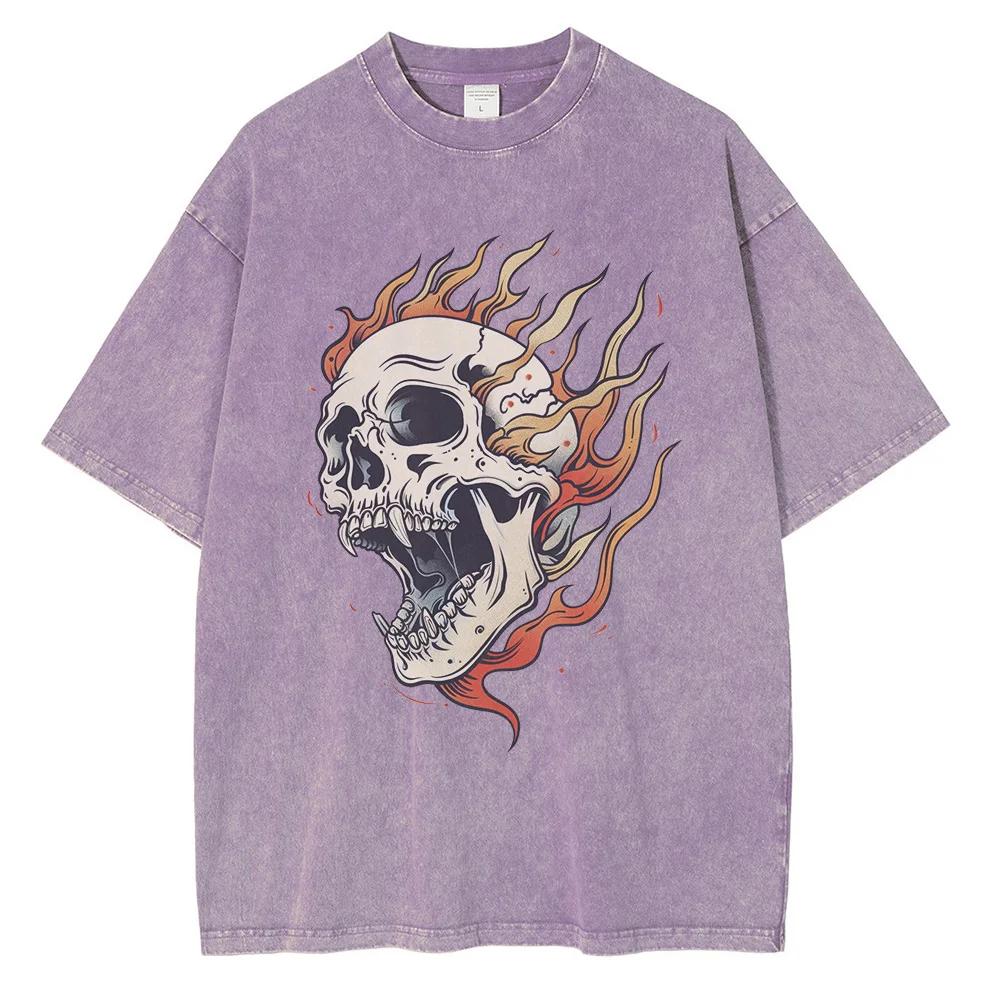 Men's Flame Skull Printed T-shirt Thick Cotton Washed T-shirt,Large Retro Top