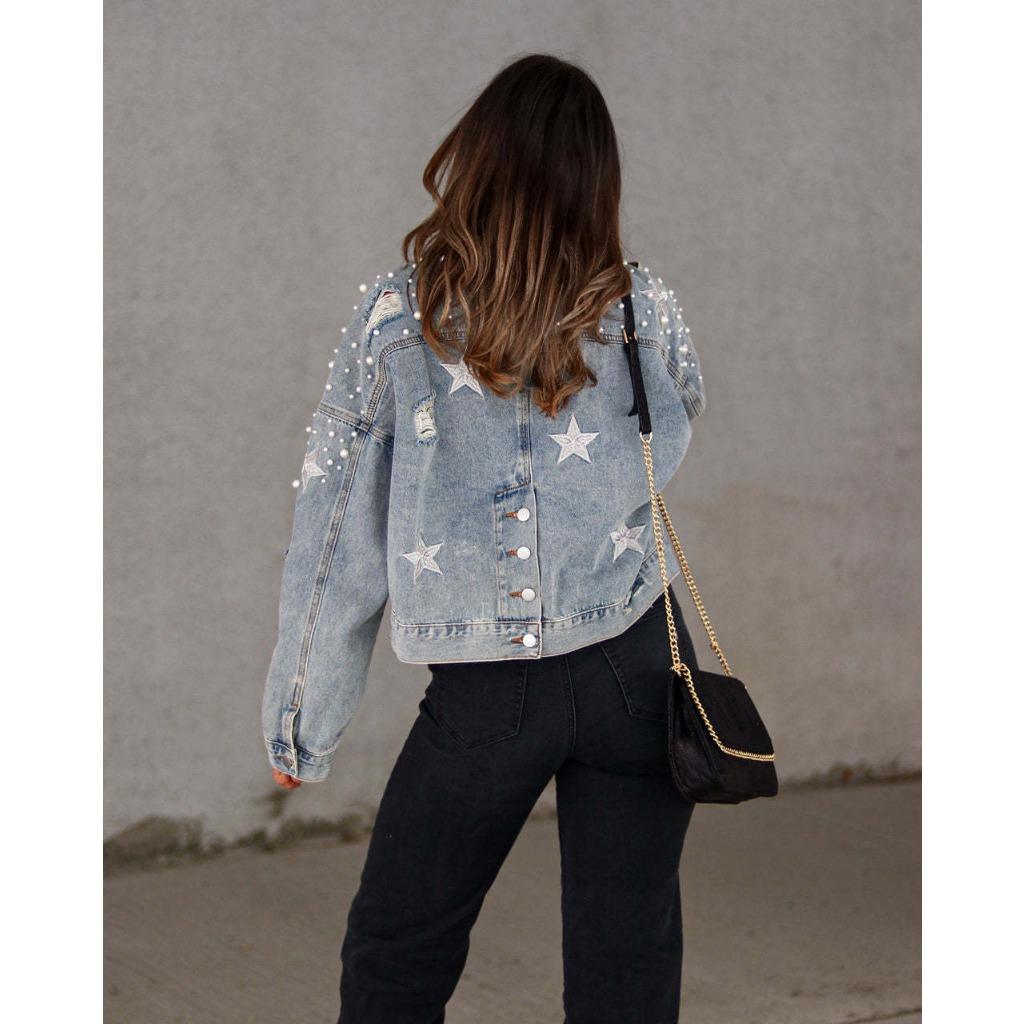 IHUASU Veste ample en jean perlée à la mode pour femme