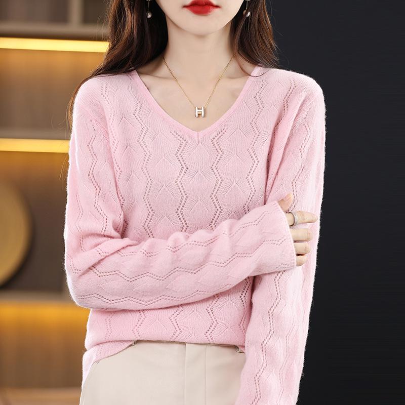 Women's 100% Hollow Wool V-Neck Sweater with Long Sleeves and Loose Collar - Autumn/Winter Style