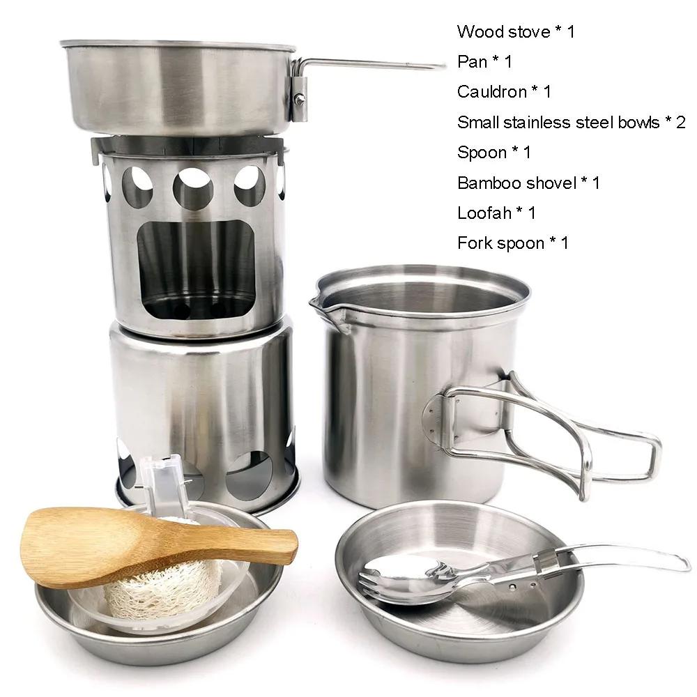 

Набор походных горшков со складной ручкой, походные сковороды, дровяная печь, набор для приготовления пищи из нержавеющей стали 304, кухонная утварь для походов, пикников на открытом воздухе светло-серый