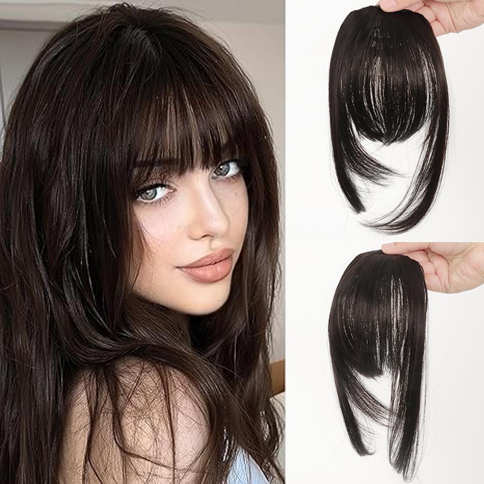 

Дешевые аккуратные передние челки на заколках для волос, челки для наращивания волос, рваные боковые челки, черные коричневые шиньоны 8inch
