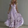Summer Floral Maxi Dress for Women Short Sleeve V Neck A-line Swing Dress Floral Printed Beach Vacation Sundress