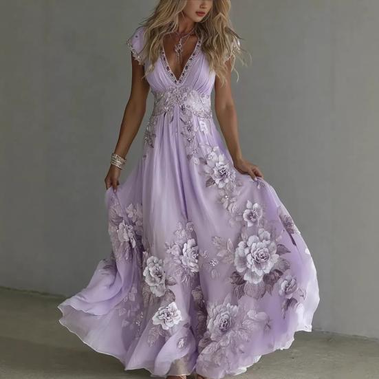 Summer Floral Maxi Dress for Women Short Sleeve V Neck A-line Swing Dress Floral Printed Beach Vacation Sundress