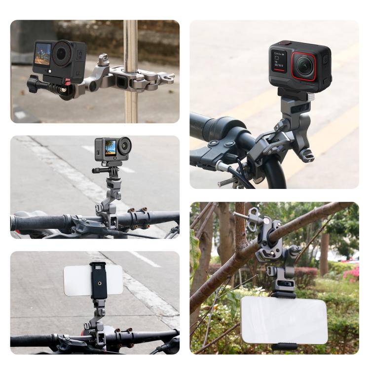 PULUZ Grey 3‑Way Aluminum‑Alloy Handlebar Mount, Dual‑Lock Dampened Bracket for Motorcycle & Bicycle Panoramic / Action Cameras