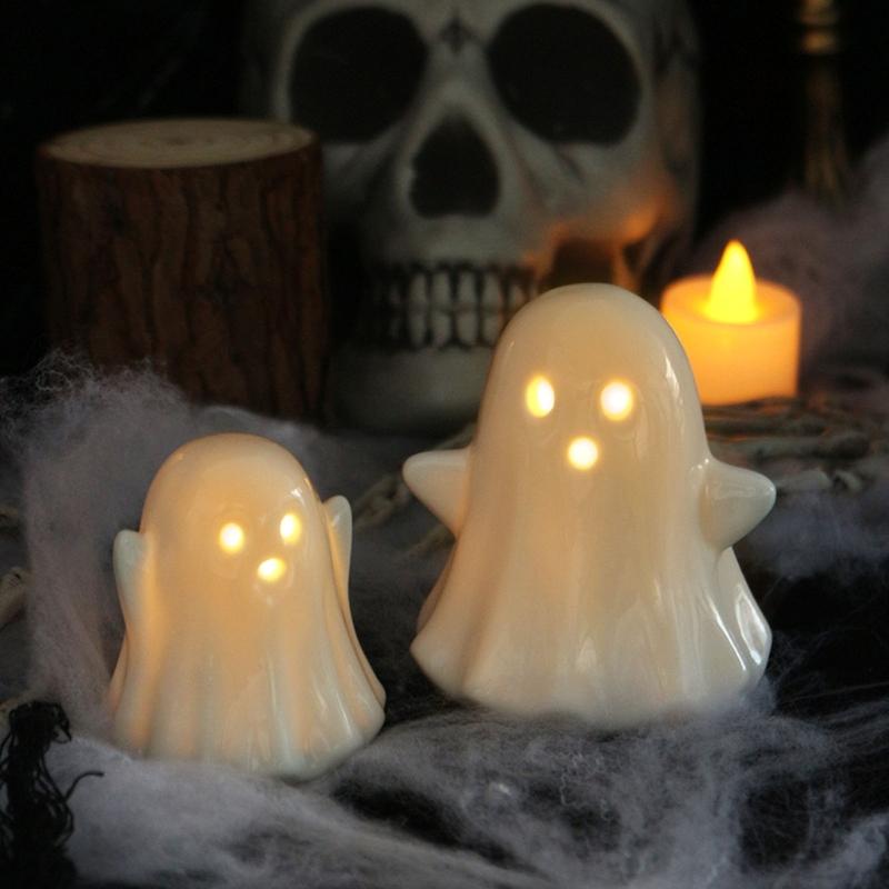 2Pcs Halloween Ceramic Ghostly Figurines With Soft Glows Night Light Handcrafted Holiday Decoration for Bedroom Party Decoration Collectibles