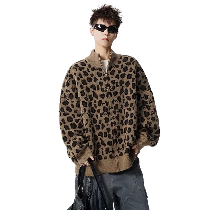 American Trendy Men's Leopard Print Retro Knit Cardigan - Loose Fit Casual Couple Outerwear