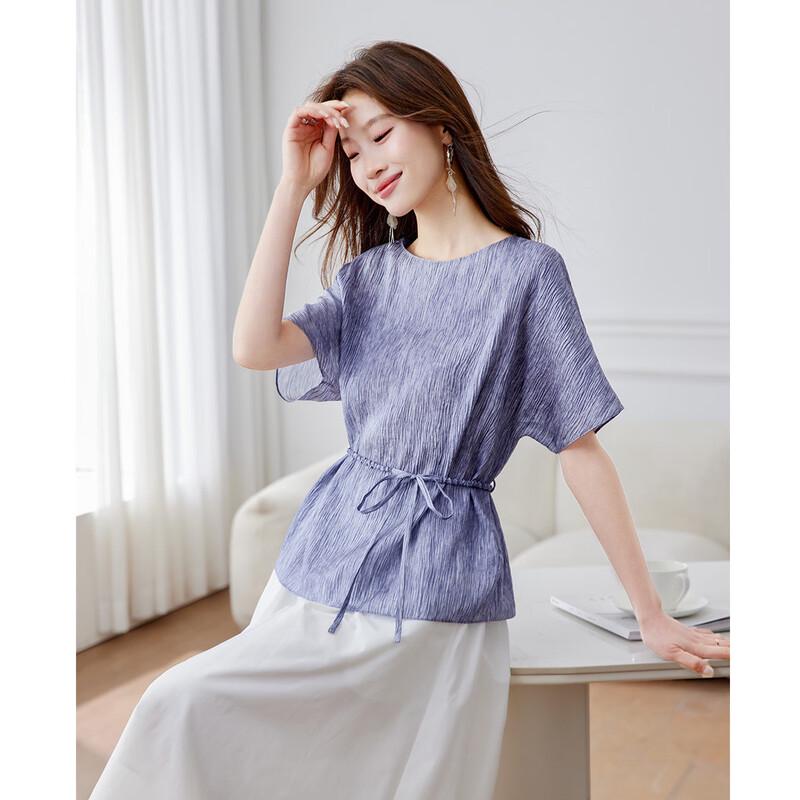 Srcr Women s 96% Mulberry Silk Tie-Waist Textured T-Shirt XL