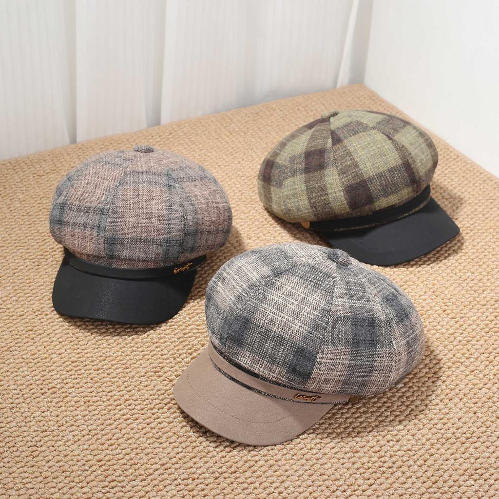 Academy cap plaid newsboy hat retro visor classic PU brim newsboy hat