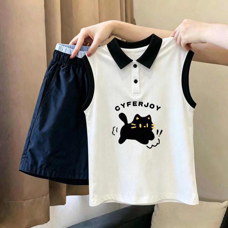 Girls' Korean Style Polo Vest Set - 2026 Summer Fashion Pure Cotton Patchwork Two-Piece for Medium & Large Children