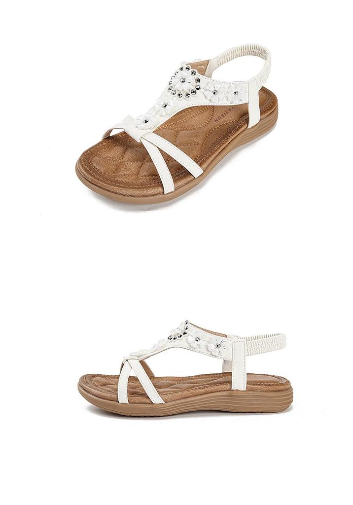 Summer 2026 Women's Bohemian Wedge Sandals with Flowers and Rhinestones, Large Size Beach Shoes
