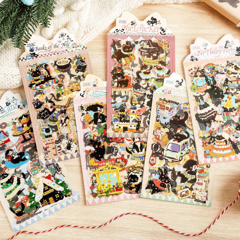 Mengmeng Black Cat Series Stickers – Cute Cartoon Cats for Journals, DIY Projects, 6 Styles