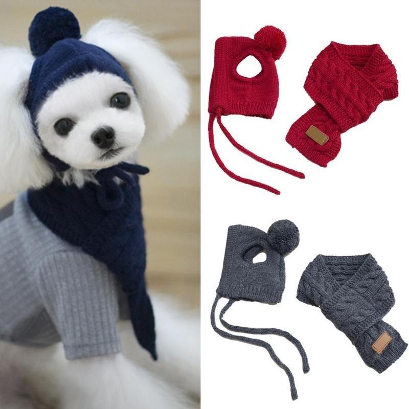 Haustier Hund Winter Warm Streifen Strickmütze + Schal Kragen Welpen Teddy Kostüm