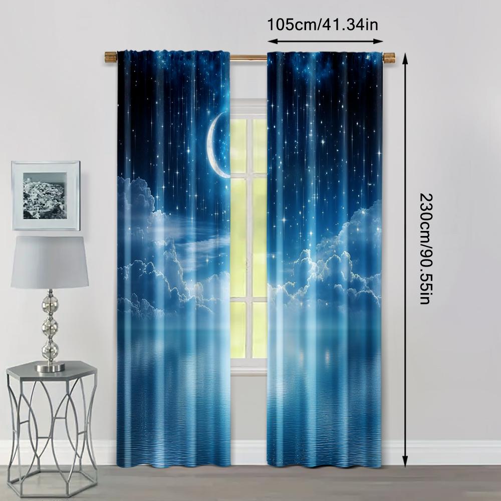 2pcs, Window Curtains Starry Night Sky Moon and Foggy Clouds Landscape Protecting Privacy Family Party Decoration Use for
