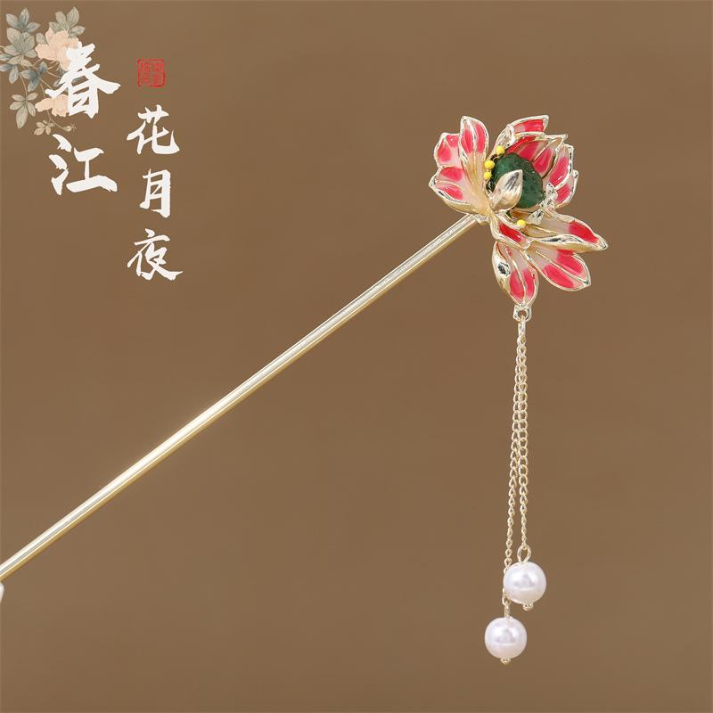 Elegant Flower Tassel Hairpin For Women Handmade Dripping Oil Pearl Butterfly Hair Stick Hanfu Cheongsam Dress Hair Accessories
