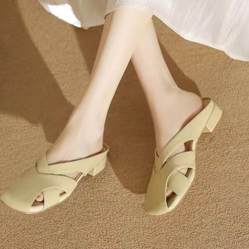 Mode Fyrkantig Tå Höga Klackar Tofflor Kvinnor Klackade Sandaler Mules Skor Sommar 2025 Kvinna Flip Flops Pumps Strandskor Vardagliga Slides