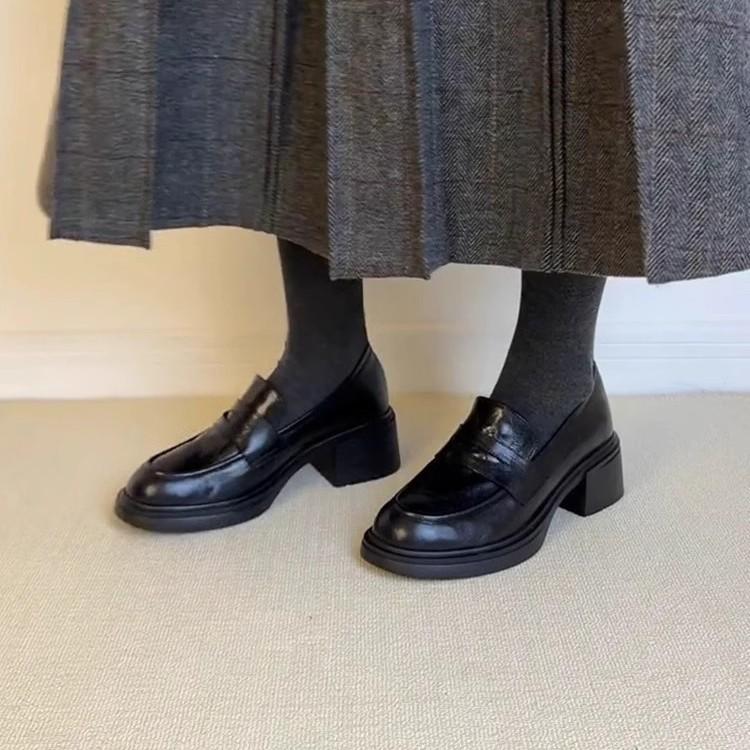 Sheepskin version~ New retro thick-heeled loafers, women's one-pedal round-headed single shoes, genuine leather commuting lazy small leather shoes