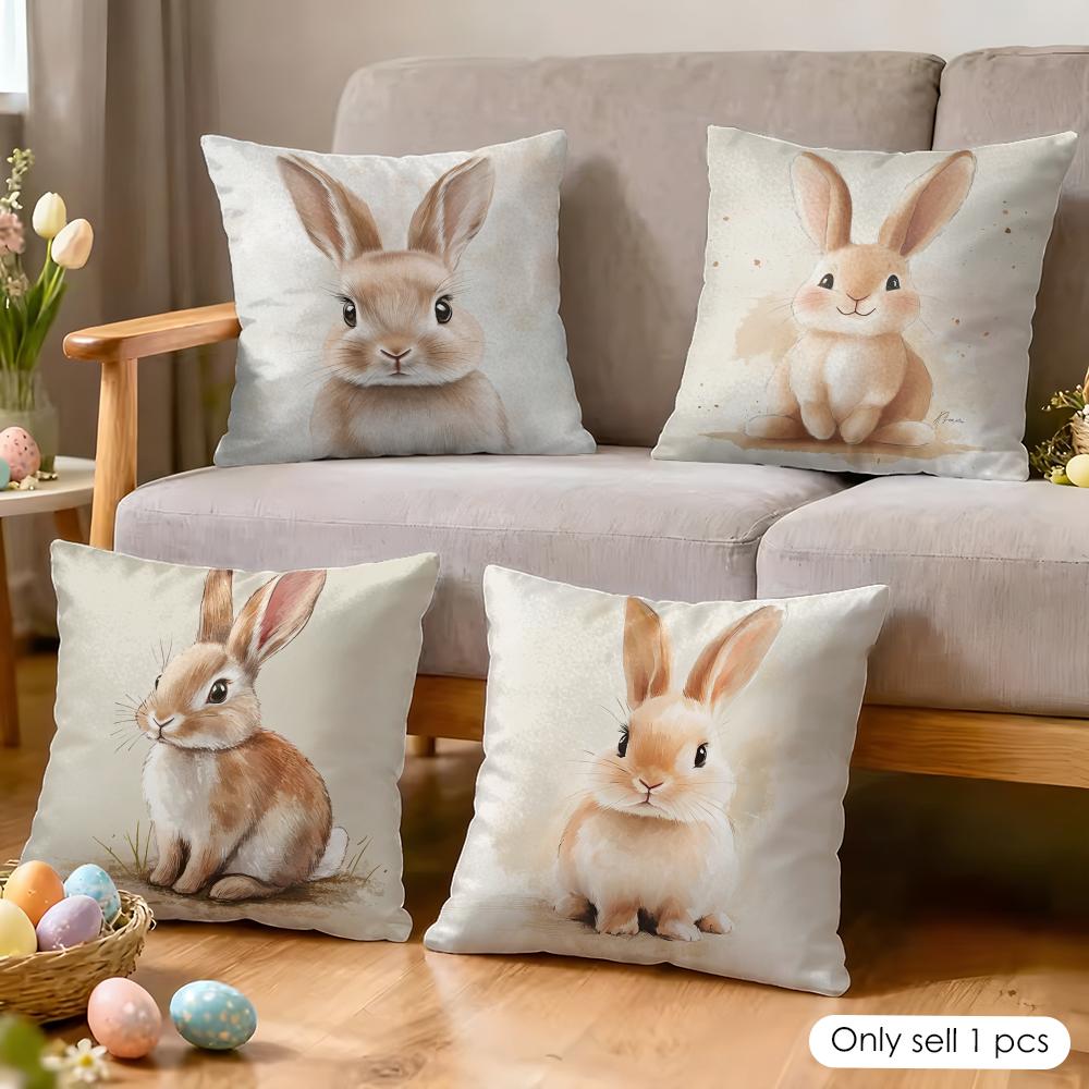 Cute Retro Bunny Cushion Cover Soft Plush Fabric DoubleSided Printed Cushion Covers for All Seasons Modern HomeDecor Gift