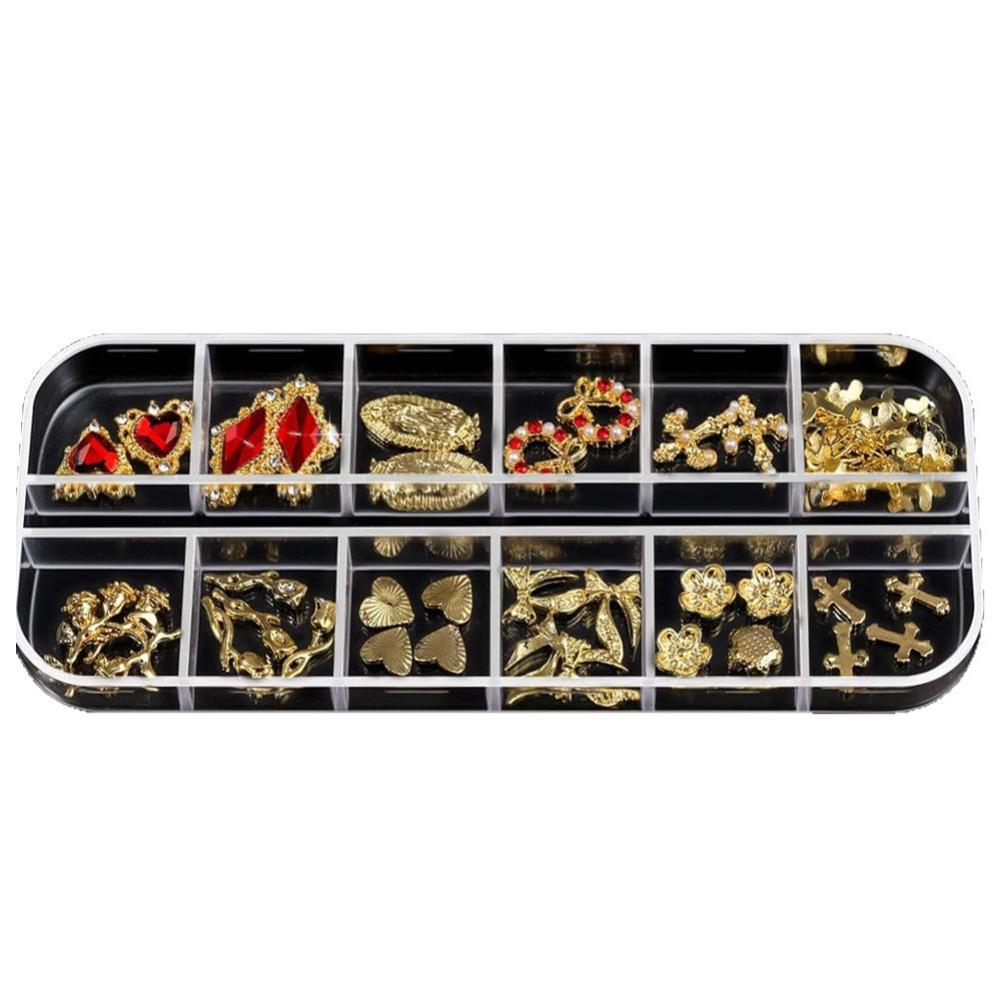 

12-коміркова коробка для прикрас для манікюру, сплав, стрази, темні готичні шарми, голова жінки, хрест, перлина, бант, вінтажні прикраси для нігтів, інструмент для DIY, аксесуар