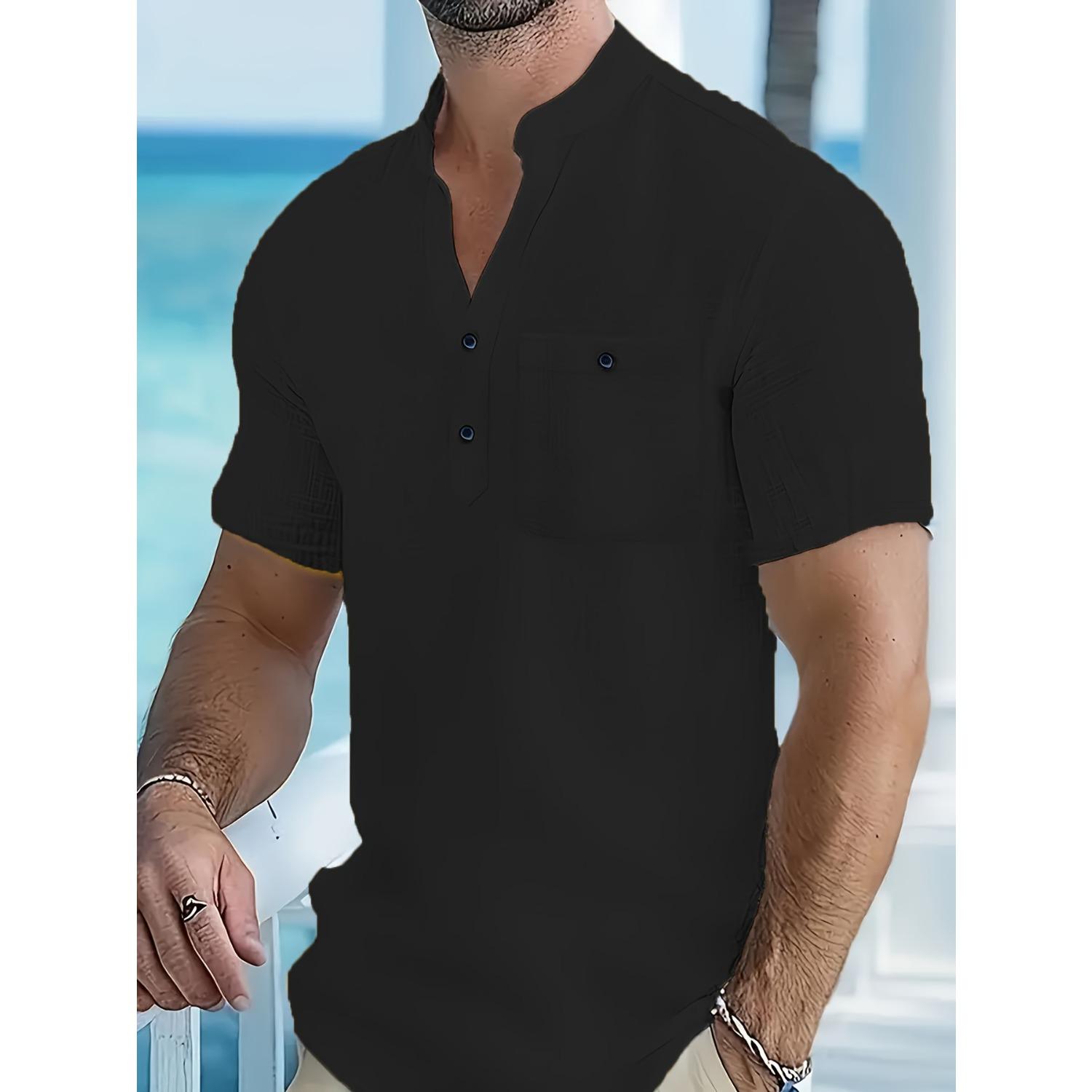 

Men s short-sleeve henley shirt, summer solid color notch collar, casual stand-up collar, regular fit, button details XXXL чорний