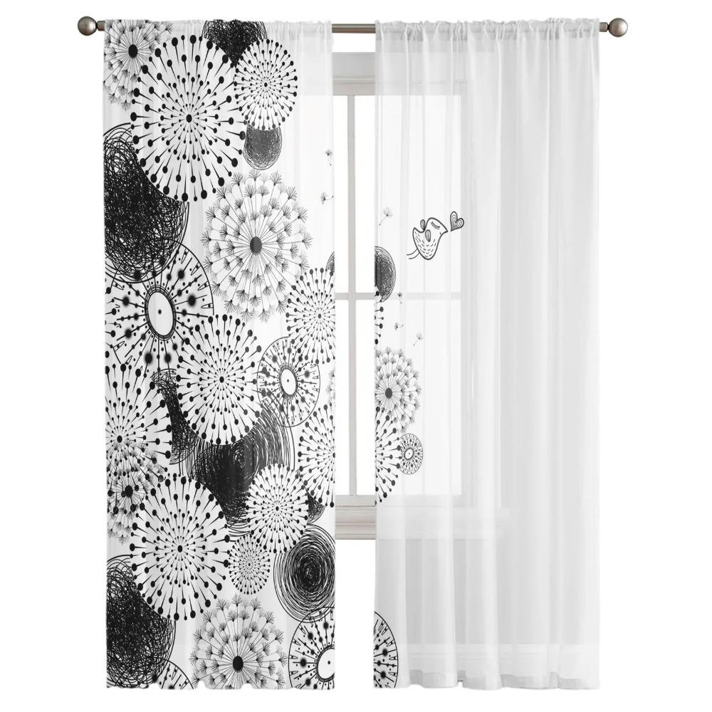 Dandelion Flower Black White Tulle Window Curtains Living Room Silk-like Fabric Yarn Sheer Voile Curtain Bedroom Cooking Area Home Decor Drape