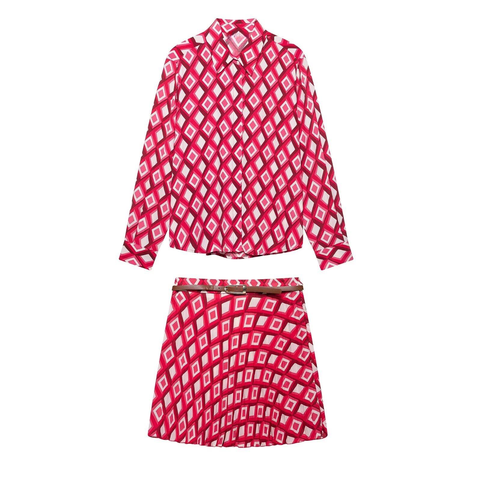 

2025 Summer Geometric Print Belted Shirt & A-Line Mini Skirt Set Medium