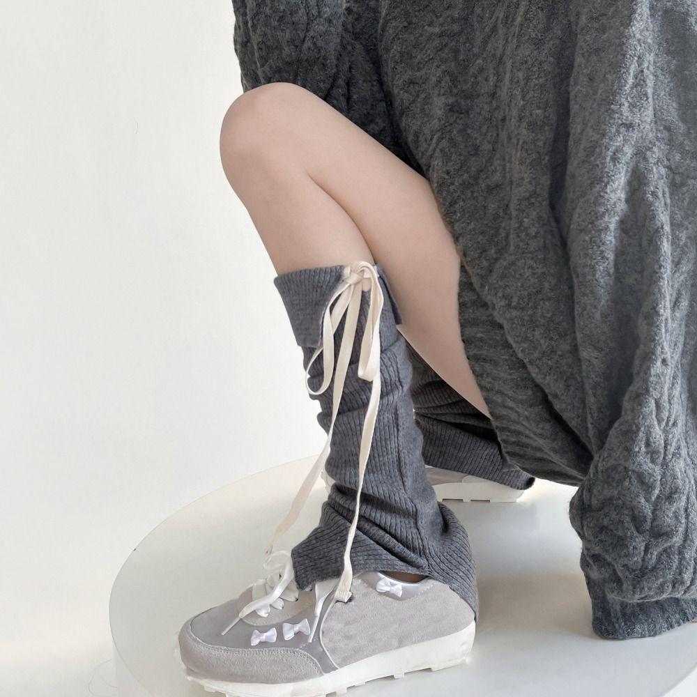 Bow Tie Lace Up Leg Warmers Y2K Knee High Socks Solid Color Women's Stockings Autumn