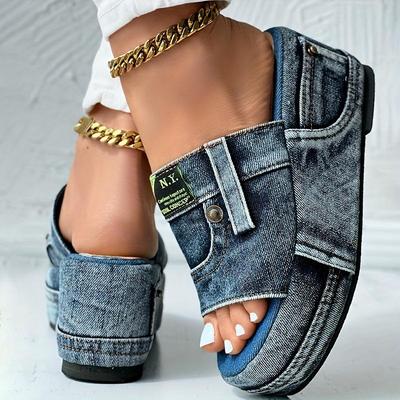 Damen-Plateau-Sandalen aus Denim, modische, offene, runde Zehenpartie, rutschfeste Pantoletten, Keilabsatzsandalen für den Außenbereich