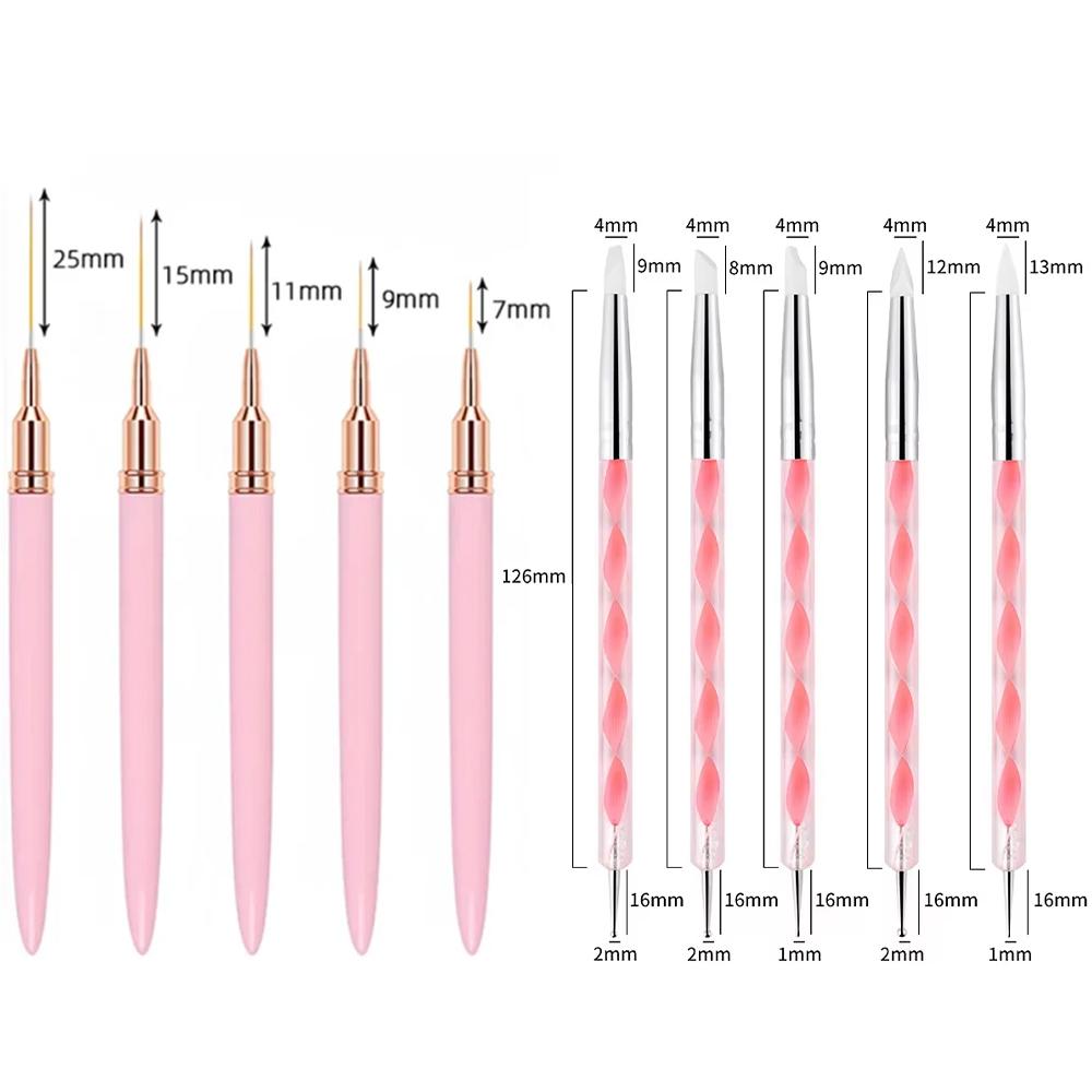 10Pcs Nail Liner Brush Set UV Gel Nail Brushes Kits Silicone Point Flower Nail Pen French Stripe Line Painting Drawing Tools