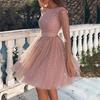 Glitter Starry Tulle Prom Dress For Women Long Sleeve Crew Neck Formal