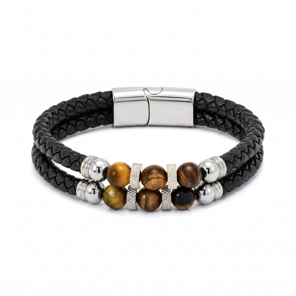 Tempusort Fashion Jewelry Tiger Eye Stone Beaded Multi Layer Braided Leather Stainless Steel Bracelet for Men Anniversary Gifts