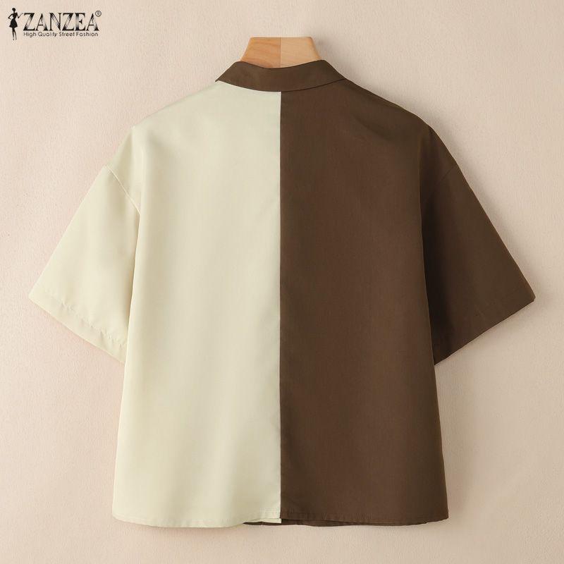ZANZEA Damen Lässig Umlegekragen Sommer Kurzarm Patchwork Bluse