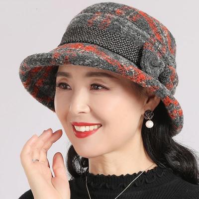 Autumn Winter Middle-aged Elderly Women's Hats Fashionable Fine Plaid Woolen Warm Big Head Circumference Basin Hat Old Lady's Cold Proof Fisherman Hat