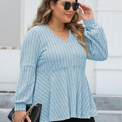 Women's Autumn and Winter Large Size Lantern Sleeve Casual V-Neck Sweater