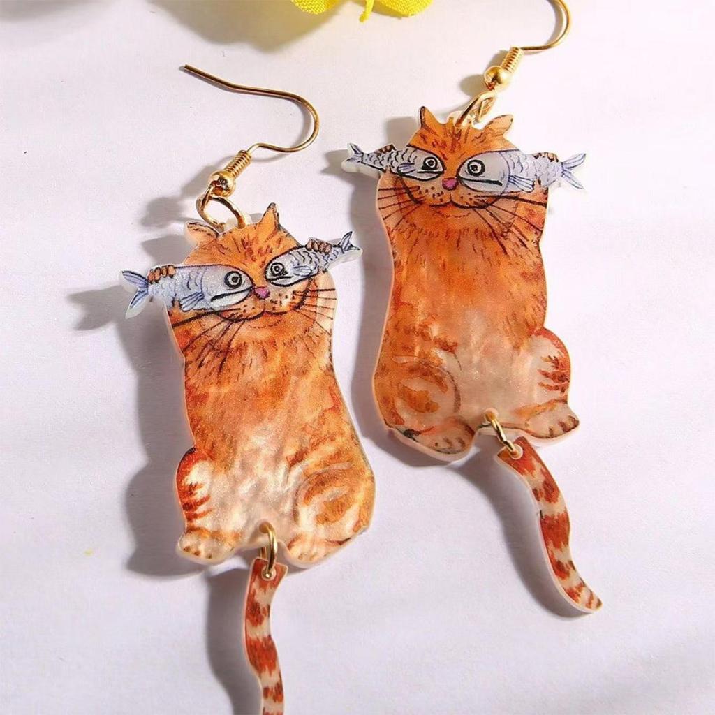 Acrylic Flat 2D Cat Earrings A Pair Of Creative Cute Kitten Eating Fish Earrings Exquisite Jewelry New Year Birthday Gifts