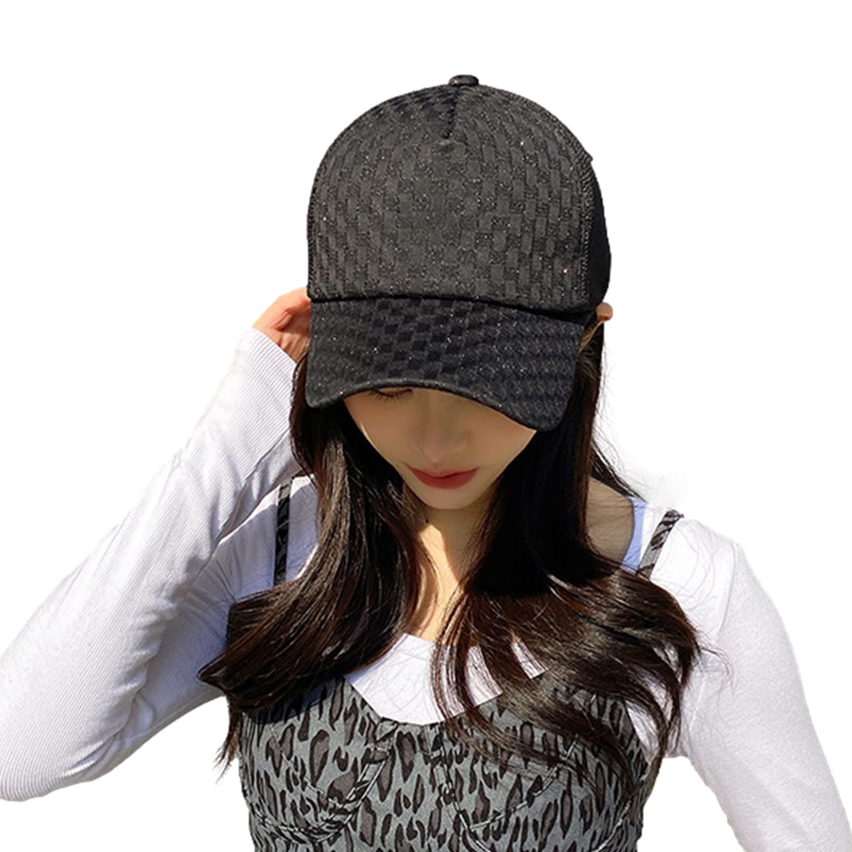 

Блестящая кепка с блестками для милой защиты от ультрафиолета, глубокий гингем, маленькое лицо, защита от солнца [G-tiamo] женская, узор, защита, регулятор, сетка, клетка, шляпа, кепка, шляпа, черная, чёрный