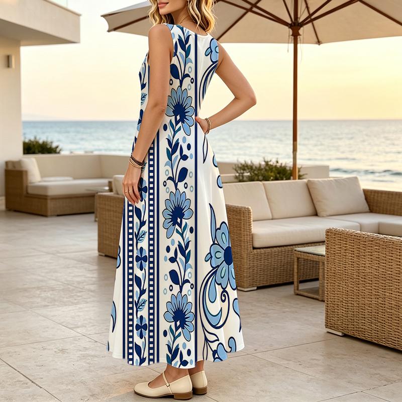 Women's Summer Vacation Maxi Dress Blue White Floral Lightweight Sleeveless Tummy Control Flowy Full Skirt,Versatile for Casual Daily & Summer Outing