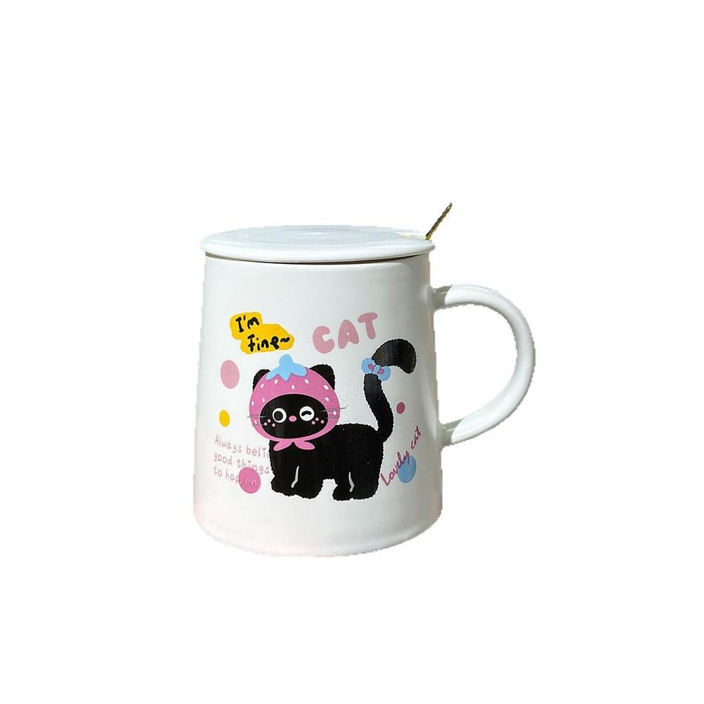 Cute and Funny Princess Cat Ceramic Water Cup New Style for Girls Household Mug Milk Coffee Cup with Lid Spoon