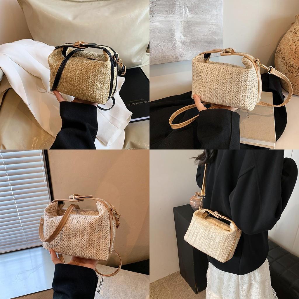 Chic Black And Khaki Pu Woven Shoulder Bag For Summer Beach Vacation Style