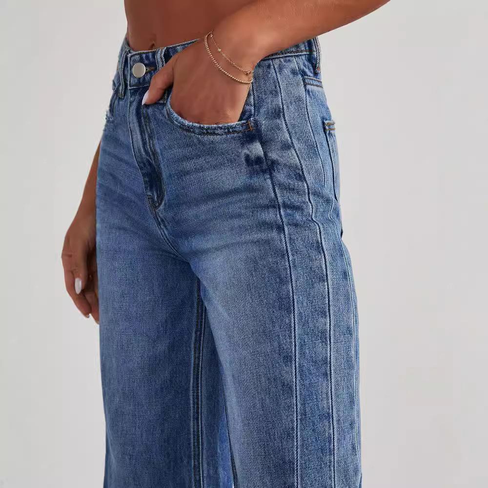 Neue Damen Vintage Gewaschene Gerade Bein Jeans, Lockere Passform Breite Beine Bodenlange Denim Hosen für Lässige Streetwear