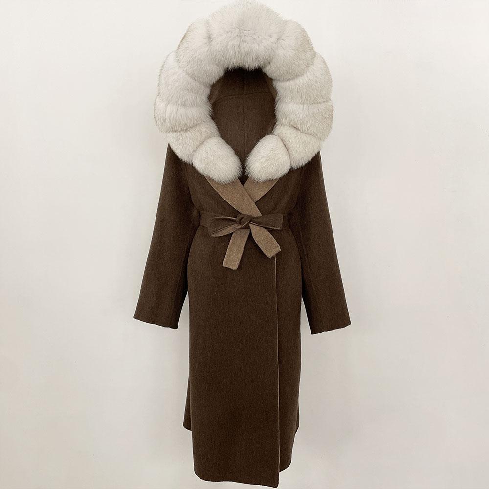 OFTBUY Winter Women Coat Real Natural Fox Fur Hooded Detachable Collar Double-faced Woolen Jacket Long Casual Elegant Overwears